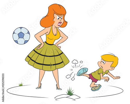 Cheerful child playing football yard mother very angry.
