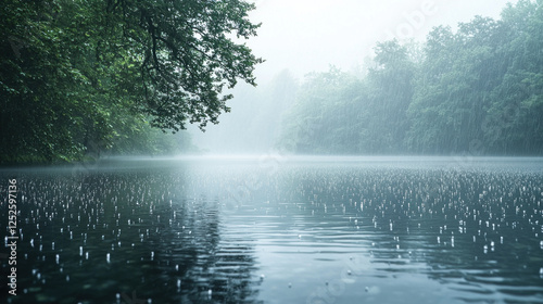 Rain falling on serene lake surrounded by misty forest