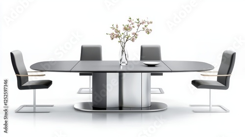 Modern dining table with sleek chairs, minimalist decor, and a single vase with flowers as a centerpiece