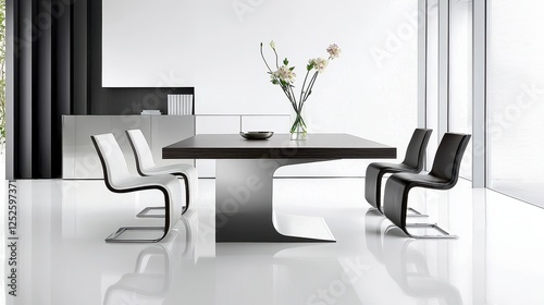 Modern dining table with sleek chairs, minimalist decor, and a single vase with flowers as a centerpiece
