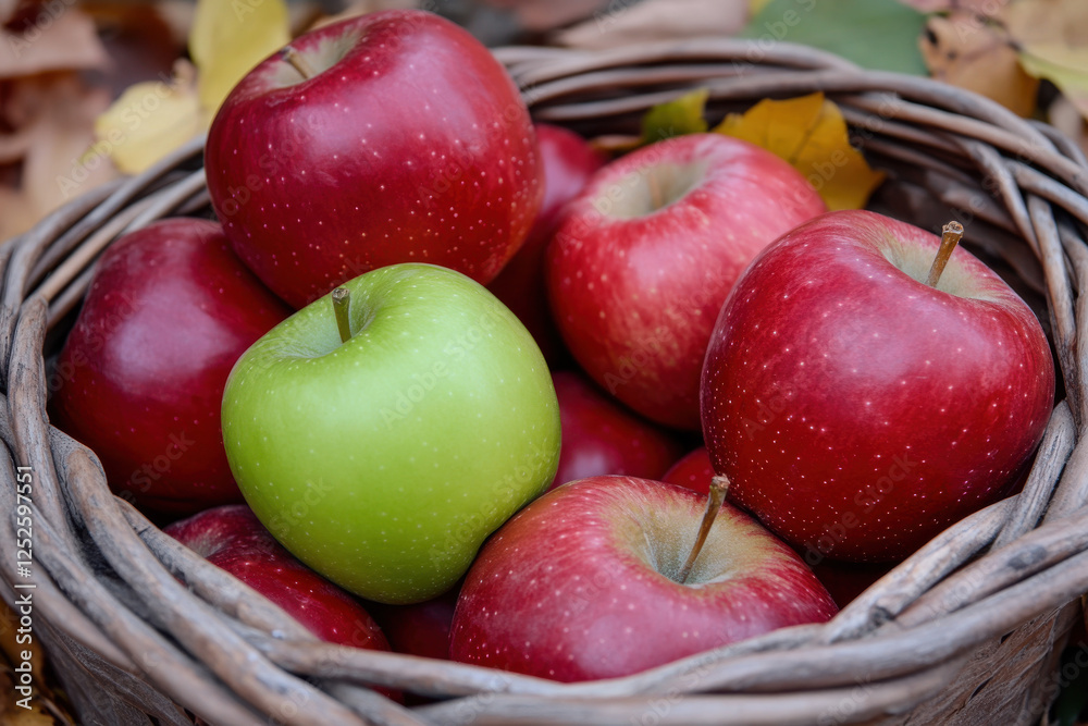 One green apple in a basket of red apples, representing a bold expression of originality and unexpected contrast One green apple in a basket of red apples, representing a bold expression of originality and unexpected contrast