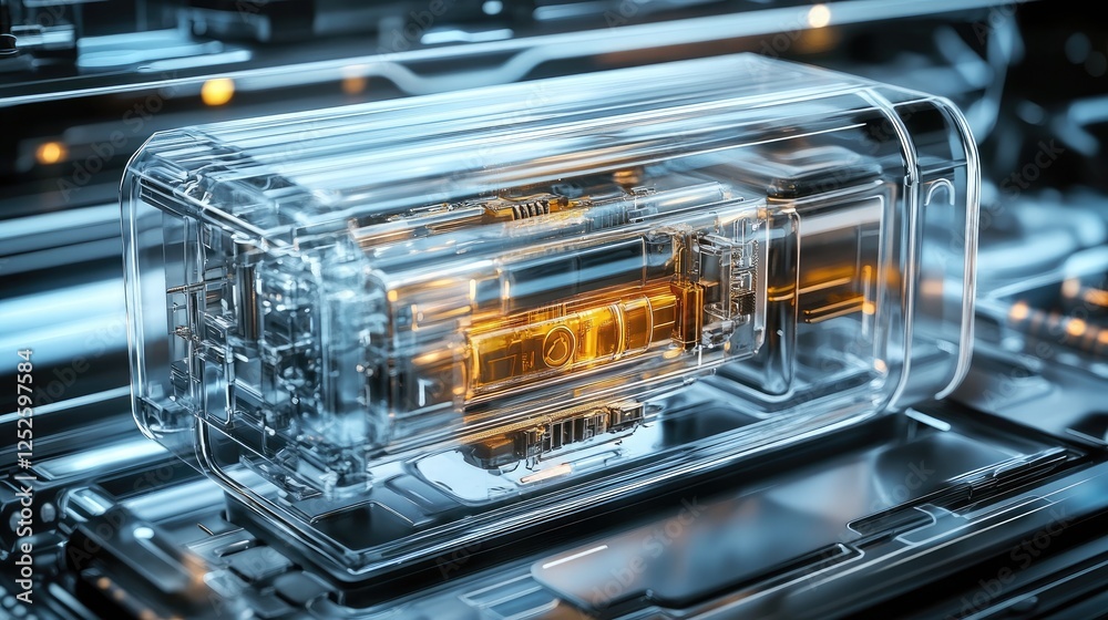 A modern transparent device with its internal mechanisms exposed, showing futuristic technology and innovative design in a sleek, high-tech setting A modern transparent device with its internal mechanisms exposed, showing futuristic technology and innovative design in a sleek, high-tech setting