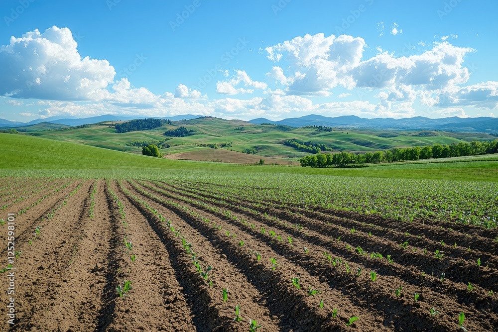 Rolling hills and fields under a cloudy sky Rolling hills and fields under a cloudy sky