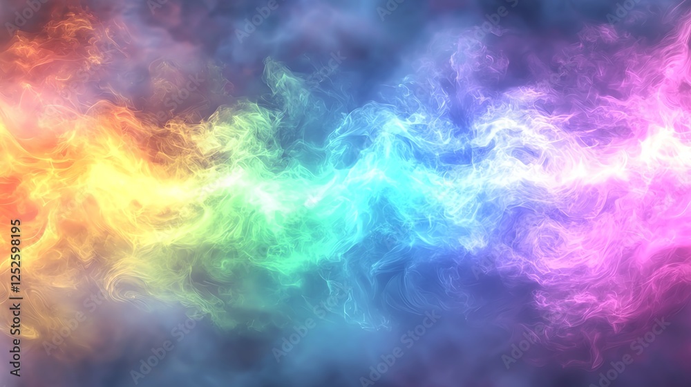A vibrant, swirling rainbow spectrum of color and smoke, creating a mystical and ethereal atmosphere. A vibrant, swirling rainbow spectrum of color and smoke, creating a mystical and ethereal atmosphere.