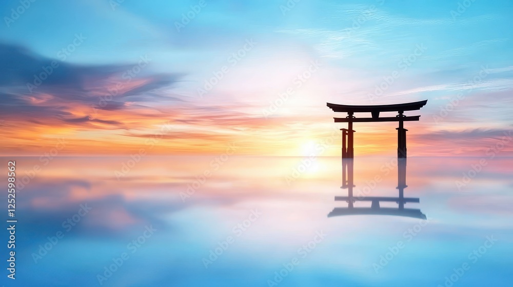 Torii gate at sunset, silhouetted against a glowing sky, tranquil waters reflecting the iconic structure Torii gate at sunset, silhouetted against a glowing sky, tranquil waters reflecting the iconic structure