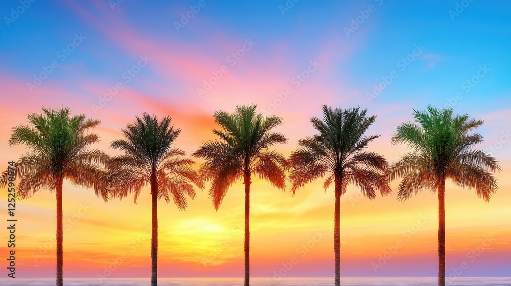 Sunset behind a row of palm trees, fiery orange tones blending into calm blue skies Sunset behind a row of palm trees, fiery orange tones blending into calm blue skies