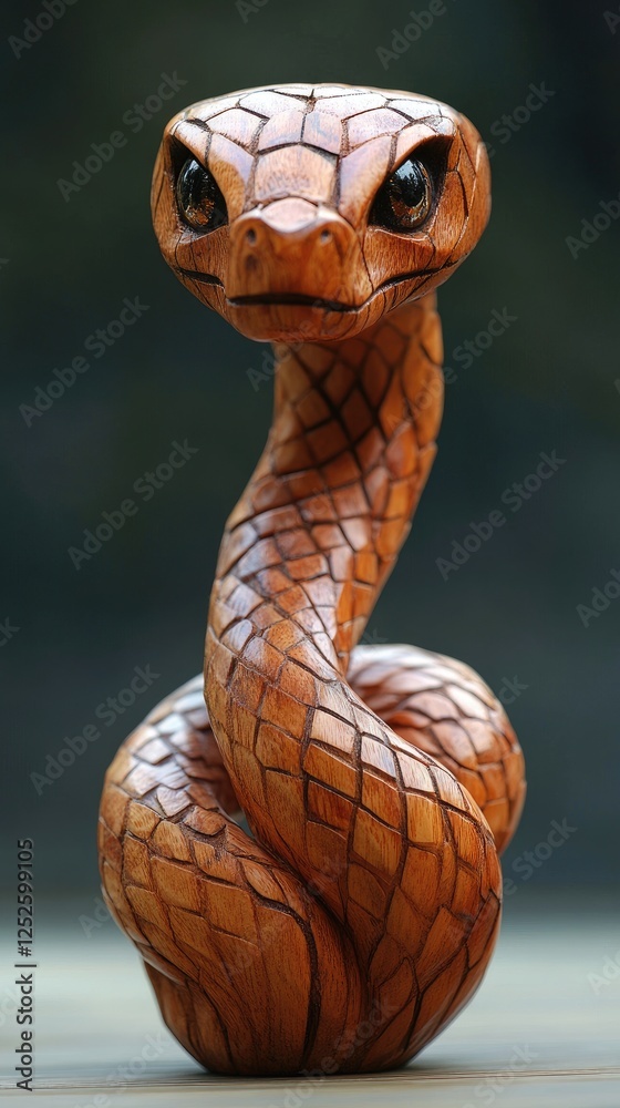 Fototapeta premium Intricately carved wooden cobra figurine displayed
