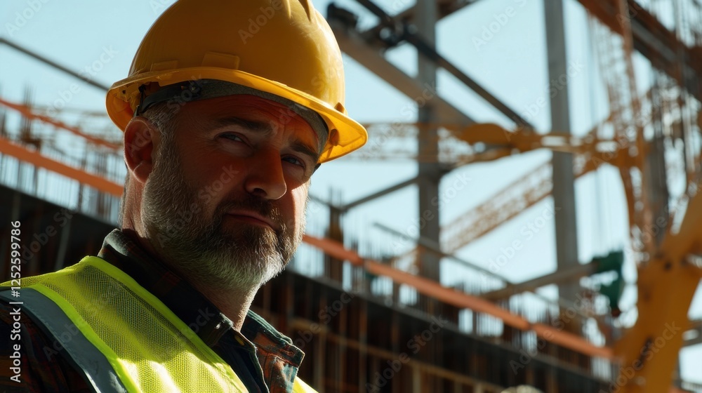 A detailed view of a construction worker wearing a yellow hard hat and safety vest, with a background of steel beams and cranes, Construction site scene A detailed view of a construction worker wearing a yellow hard hat and safety vest, with a background of steel beams and cranes, Construction site scene