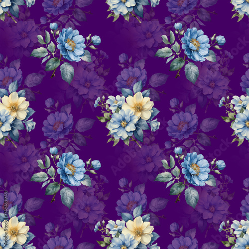 A decorative pattern in purple adorned with blue and yellow flowers, showcasing a harmonious blend of colors.
