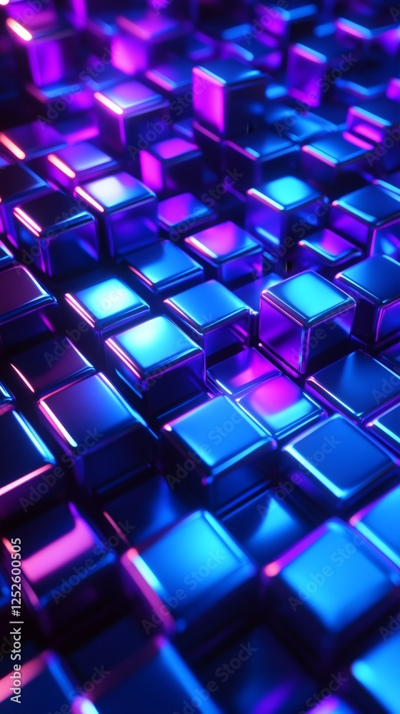 Abstract 3D render featuring grid of blue and purple cubes shifting in space The geometric design creates a hypnotic visual pattern with neon highlights and deep shadows for added depth Abstract 3D render featuring grid of blue and purple cubes shifting in space The geometric design creates a hypnotic visual pattern with neon highlights and deep shadows for added depth