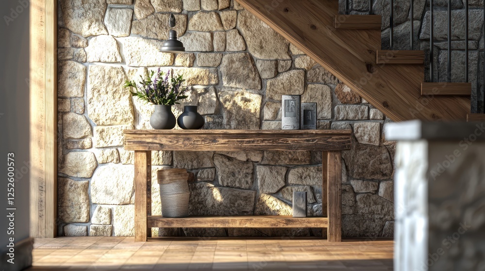 Fototapeta premium Rustic Wooden Console Table Against Stone Wall Interior Design