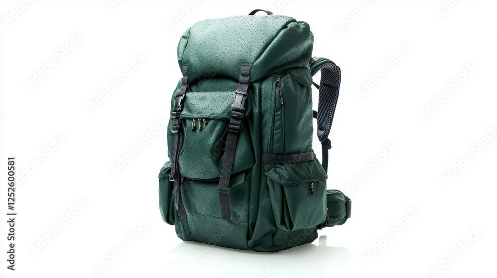 a waterproof hiking backpack, outdoor adventure gear, high-detail rendering, dark green, isolated on white background a waterproof hiking backpack, outdoor adventure gear, high-detail rendering, dark green, isolated on white background