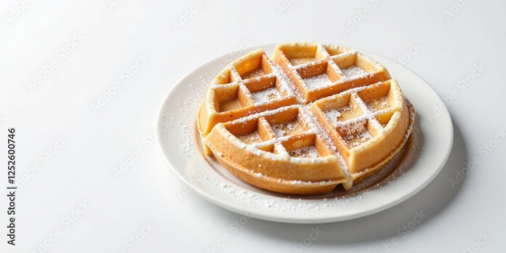 A golden-brown waffle, dusted with powdered sugar, sits on a white plate, a delightful breakfast treat. A golden-brown waffle, dusted with powdered sugar, sits on a white plate, a delightful breakfast treat.