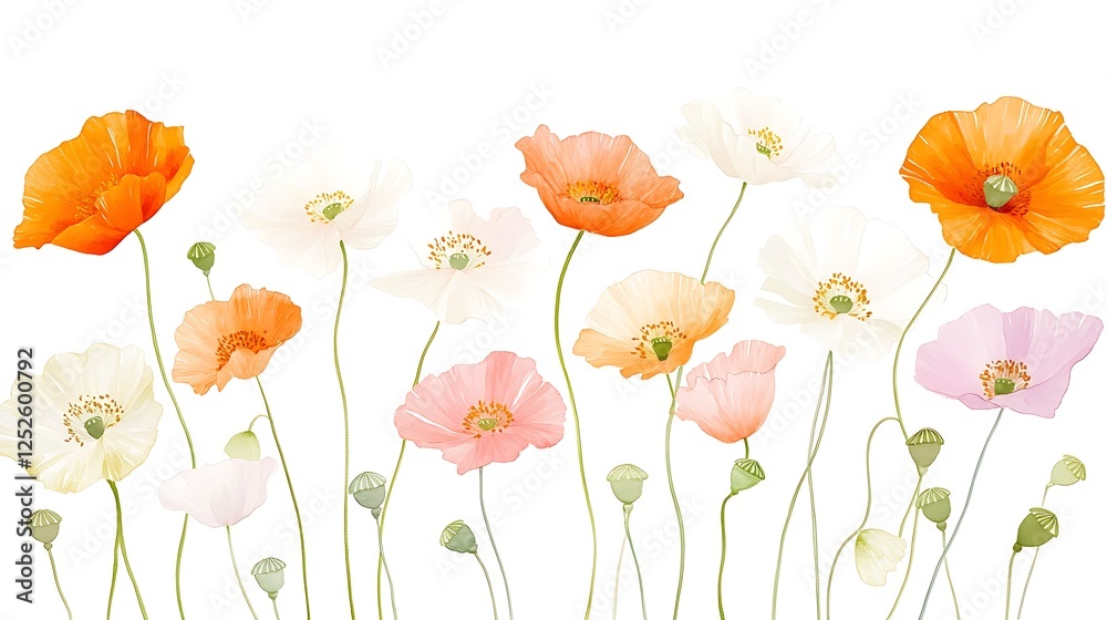 Fototapeta premium Pastel colored poppy flowers, various shades of orange, peach, pink, and white, arranged in a horizontal row against a white background. The flowers have delicate petals and thin stems. The image