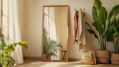A tall narrow mirror leaning against the wall in a minimalist room, reflecting serene simplicity.