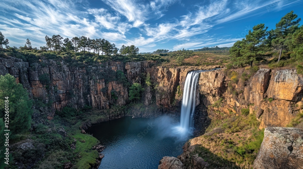 Majestic waterfall cascading into a pool, surrounded by cliffs and trees, under a vibrant sky Majestic waterfall cascading into a pool, surrounded by cliffs and trees, under a vibrant sky