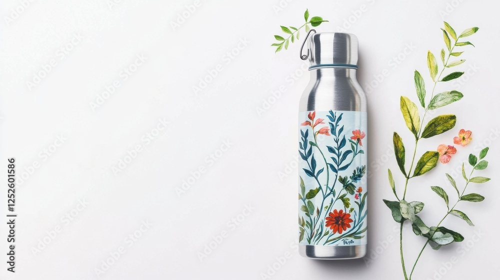 Fototapeta premium a refillable aluminum water bottle, eco-friendly travel gear, hand-painted vintage aesthetic, isolated on white background
