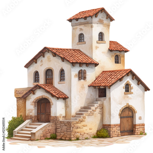Charming Mediterranean Villa Watercolor Illustration.