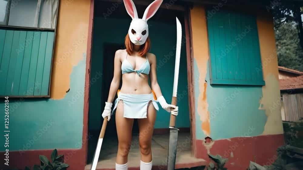 A woman with rabbit ears stands outside a house with weapons in her hands A woman with rabbit ears stands outside a house with weapons in her hands