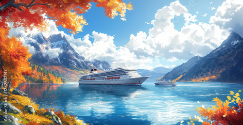 A beautiful landscape painting of a large cruise ship sailing on a tranquil lake.