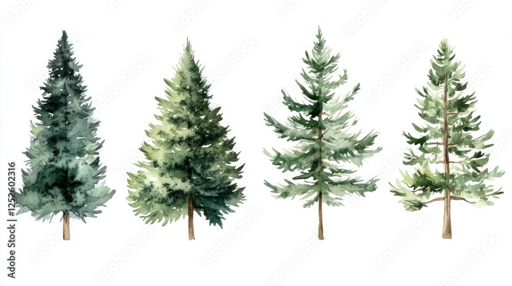 Four watercolor evergreen trees, isolated on white, nature illustration, design element Four watercolor evergreen trees, isolated on white, nature illustration, design element