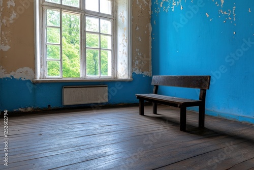 Wallpaper Mural Abandoned building bench, blue wall, wood floor, sunlit window, peaceful scene Torontodigital.ca