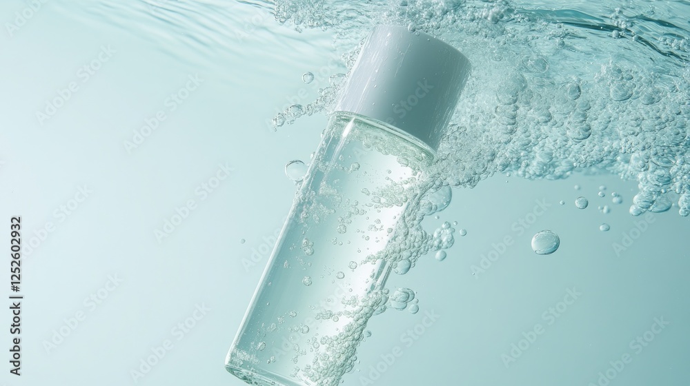 A sleek skincare bottle submerged in clear water with bubbles rising, set against a soft blue background, evoking freshness and purity A sleek skincare bottle submerged in clear water with bubbles rising, set against a soft blue background, evoking freshness and purity