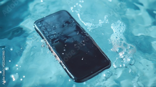 A sleek smartphone floating in a pool of water with bubbles, capturing the modern fusion of technology and water in a refreshing scene