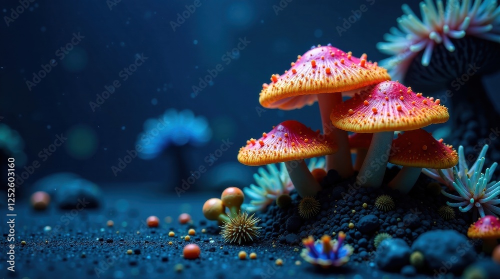 Enchanted Underwater Fungi Forest Vibrant, bioluminescent mushrooms and aquatic flora thrive in a mysterious deep-sea landscape. Enchanted Underwater Fungi Forest Vibrant, bioluminescent mushrooms and aquatic flora thrive in a mysterious deep-sea landscape.