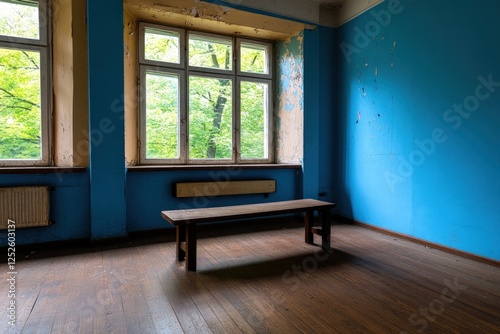 Wallpaper Mural Abandoned room, wooden bench, blue walls, trees outside, waiting Torontodigital.ca