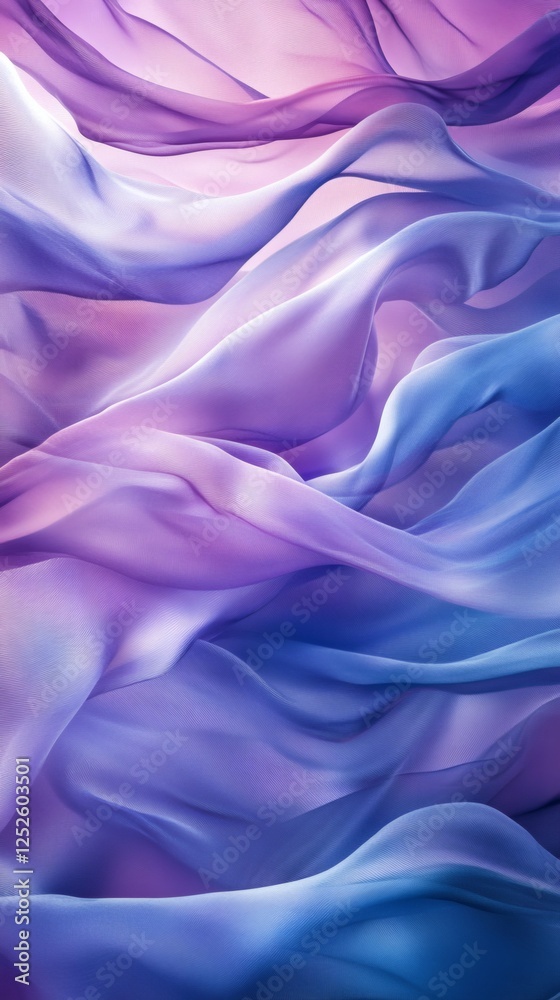 Fototapeta premium Abstract 3D wallpaper layers of soft translucent waves flowing across the screen Vibrant blues and purples shift and overlap creating an ethereal effect that draws the eye into its depths