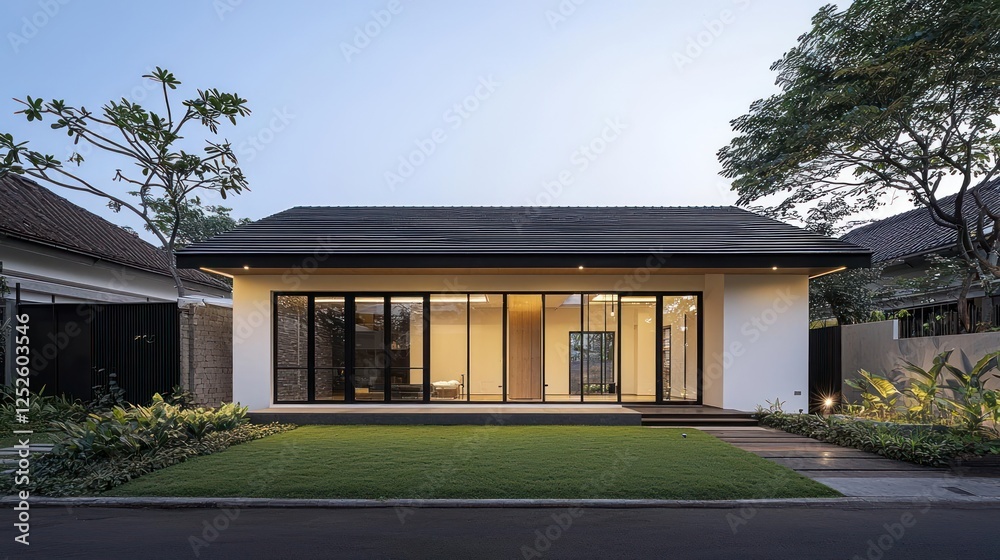 Modern House Exterior With Glass Walls And Black Roof Modern House Exterior With Glass Walls And Black Roof
