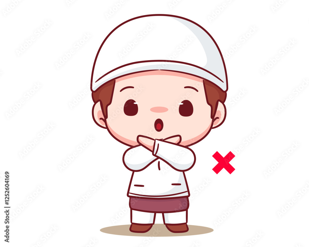 Cute muslim boy posing stop hand sing cartoon character. Happy Eid Ramadan Islamic Concept design. Kawaii and adorable vector illustration. Cute muslim boy posing stop hand sing cartoon character. Happy Eid Ramadan Islamic Concept design. Kawaii and adorable vector illustration.