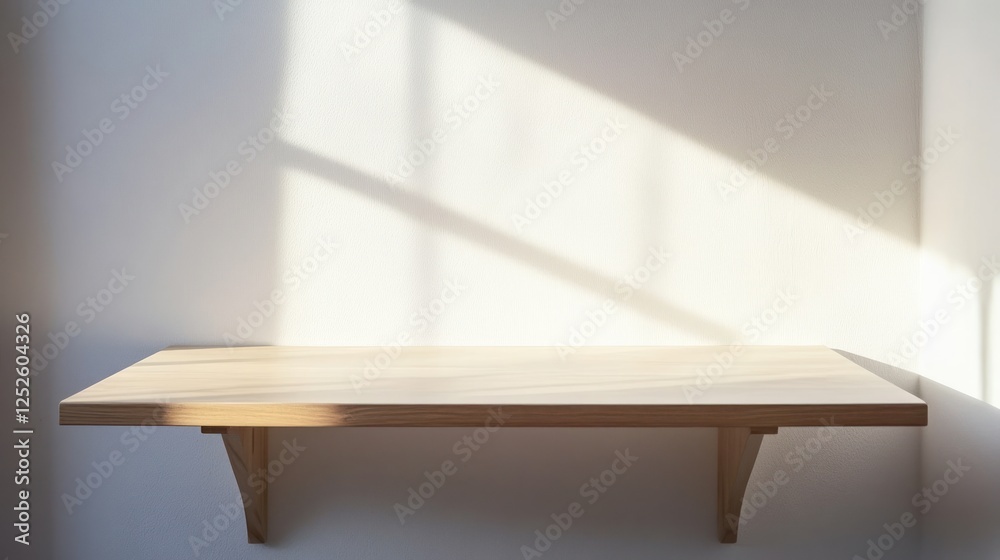 Minimalistic wooden shelf with soft sunlight shadows Minimalistic wooden shelf with soft sunlight shadows