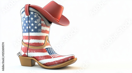 a 3D cartoon cowboy boot character, American flag patterns, tipping its hat, isolated on white background