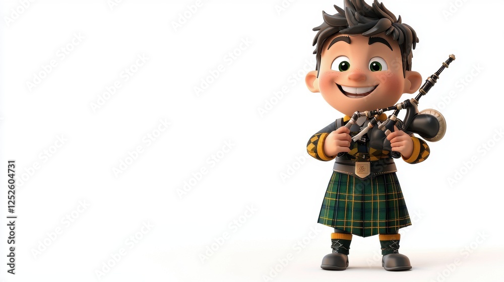 a 3D cartoon character in Scottish kilt, playing bagpipes, cheerful expression, isolated on white background a 3D cartoon character in Scottish kilt, playing bagpipes, cheerful expression, isolated on white background