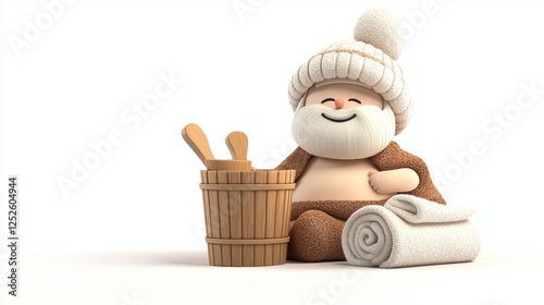 a 3D cartoon character in Finnish sauna outfit, wooden bucket and towel, relaxed pose, isolated on white background