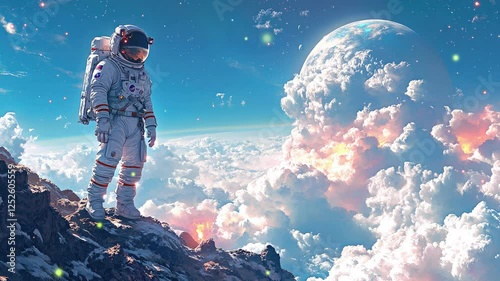 A group of anime astronauts stands on a rocky terrain, clad in space suits, getting ready for a thrilling exploration of the cosmos, surrounded by colorful clouds and a massive planet.