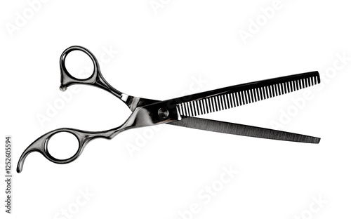 Proffessional black scissors with thinning share isolated on white. Grooming and hair cut concept.
