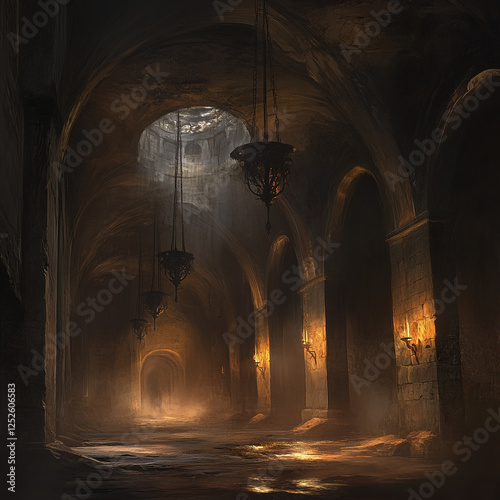 Mysterious dark underground dungeon featuring tall arched ceilings and eerie, atmospheric stone architecture mystique uniquely