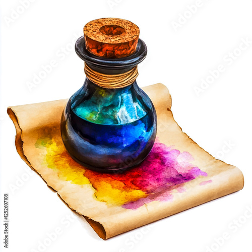 Vibrant ink pot with stunning quil and old paper isolated on white background