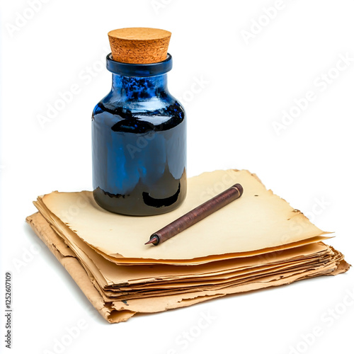 Vibrant ink pot with stunning quil and old paper isolated on white background