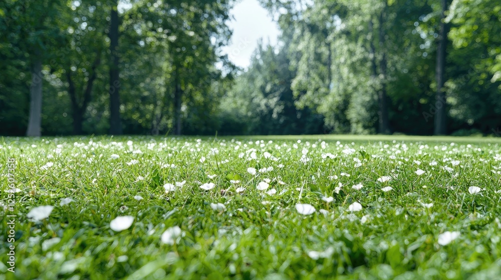 Lush green park with scattered white flowers Lush green park with scattered white flowers