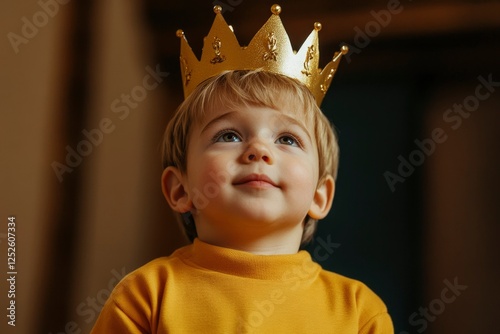 Young Boy in Crown Looking Upward, Childhood Dream, Playtime Concept