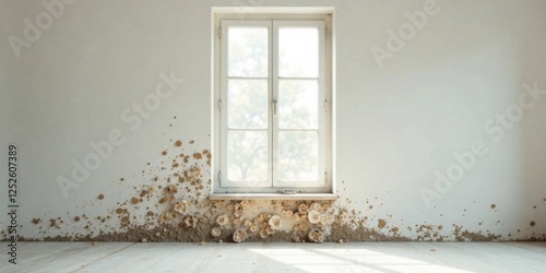 A serene interior scene featuring a window and an unusual organic wall decoration.