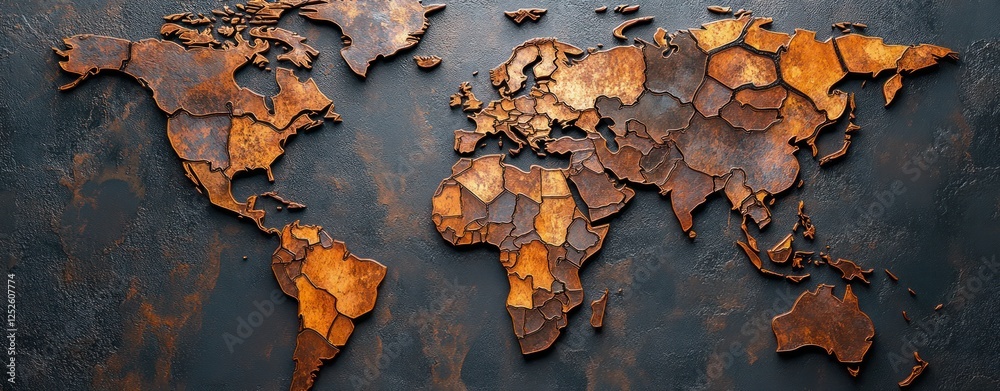 Fototapeta premium Vintage World Map Design Made of Rustic Metal Plates with Unique Texture and Dynamic Earth Tones