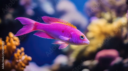 A vivid pink fish with delicate fins swimming gracefully above a colorful coral reef, adding beauty and motion to a stunning underwater landscape photo