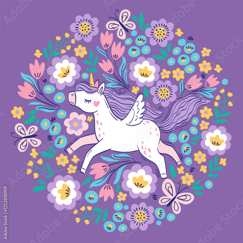 Hand drawn vector round frame. Cute unicorn among fantasy flowers. Bright illustration in pastel colors for design children's room, clothing, nursery, poster