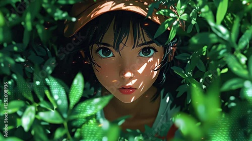 Amidst dense green leaves, a determined scout glances through the foliage, tactically observing the environment. The anime character displays concentration in this vibrant, natural setting.