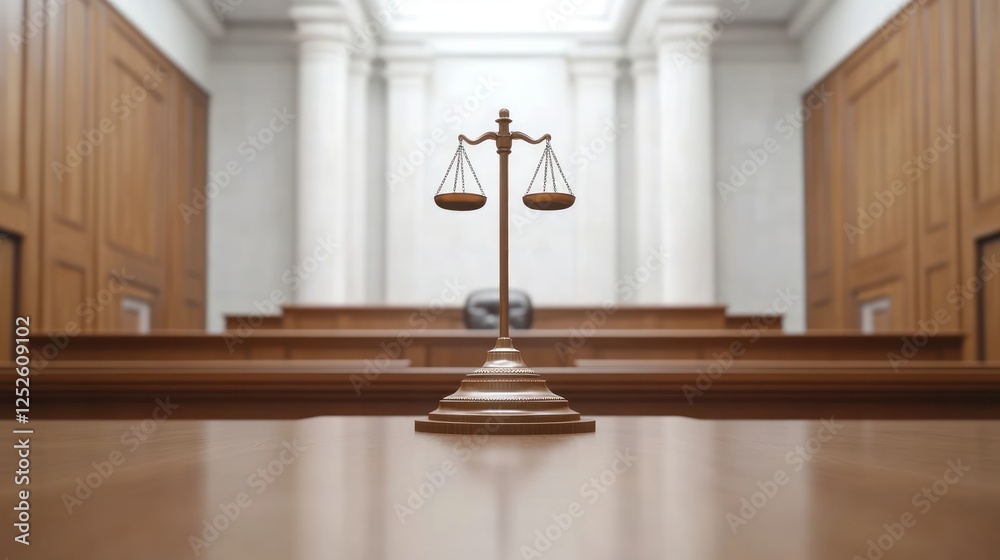 Naklejka premium Golden Scales of Justice in Empty Courtroom with Elegant Architecture and Soft Lighting Effects